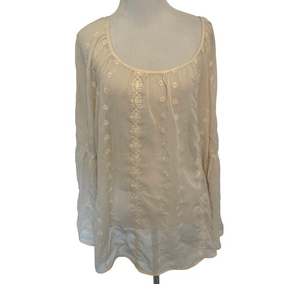 Knox Rose Cream Embroidered Peasant Top Womens Large Boho Bell Sleeve Romantic - Picture 1 of 7